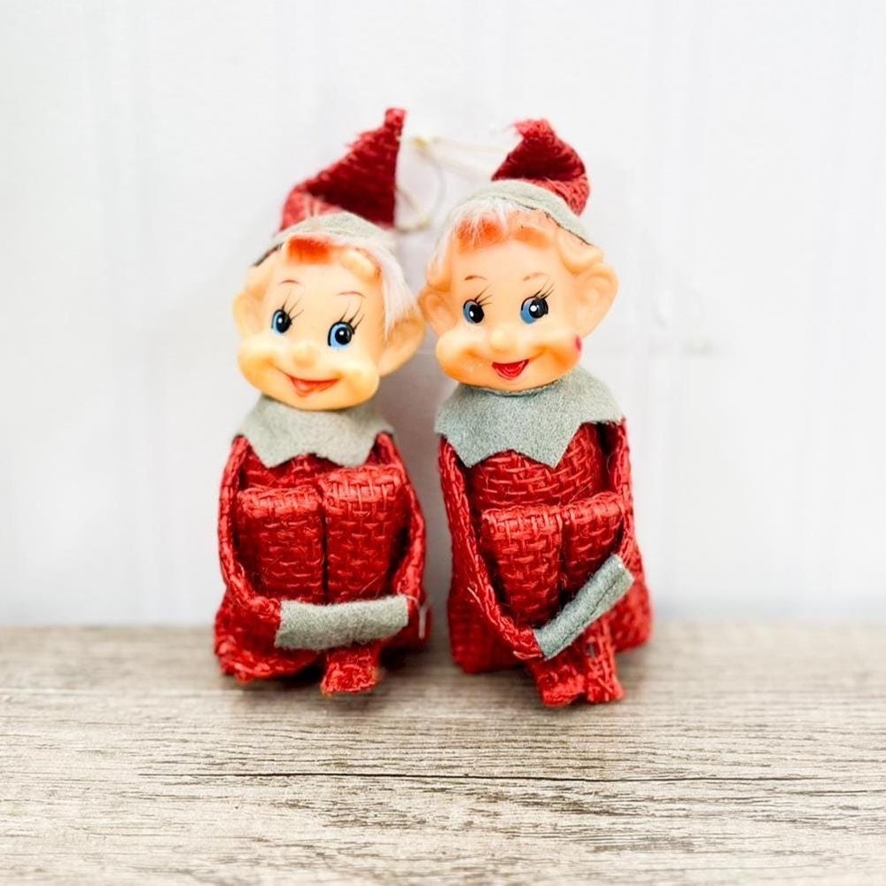 Kitschy Pixie Elf Knee Hugging Ornament Set -‎ Vintage Delta Elf Holiday Decor